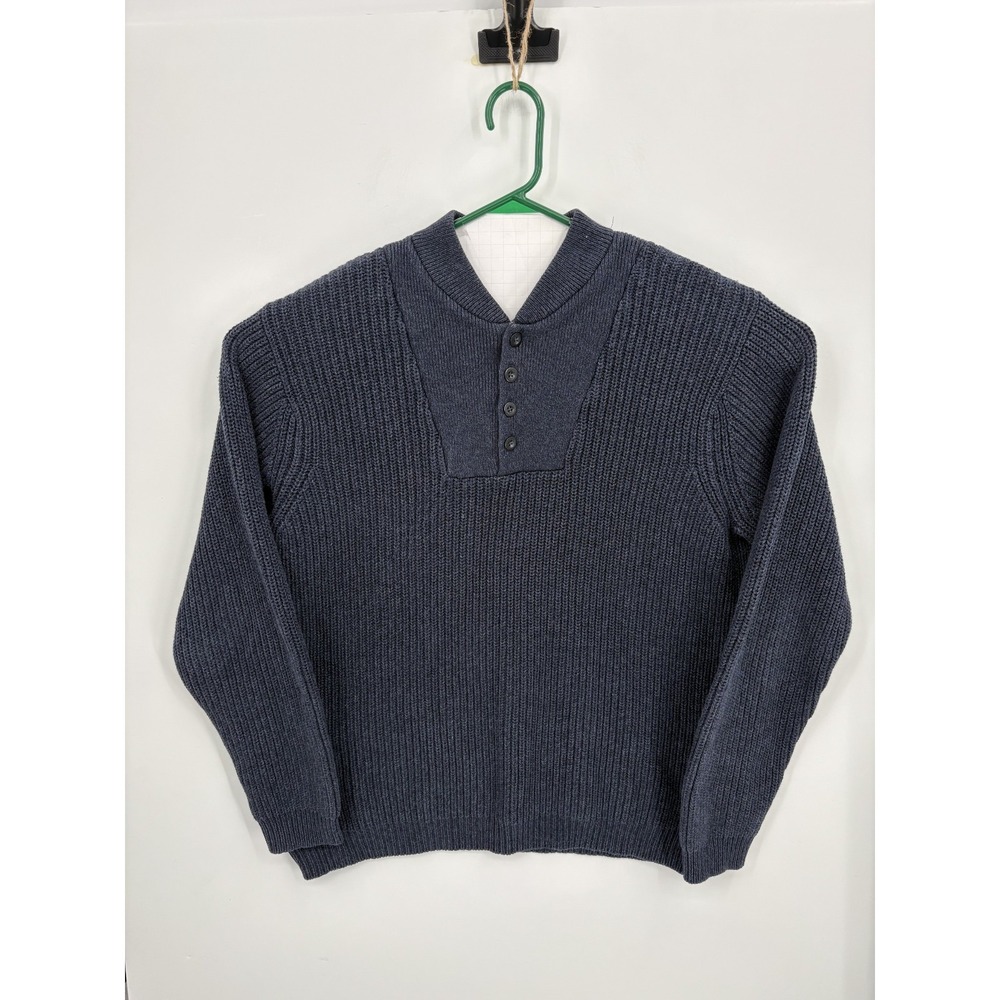 Eddie Bauer Vintage Sweater Men's Large Tall Navy Blue Cotton Rib Knit Henley LT